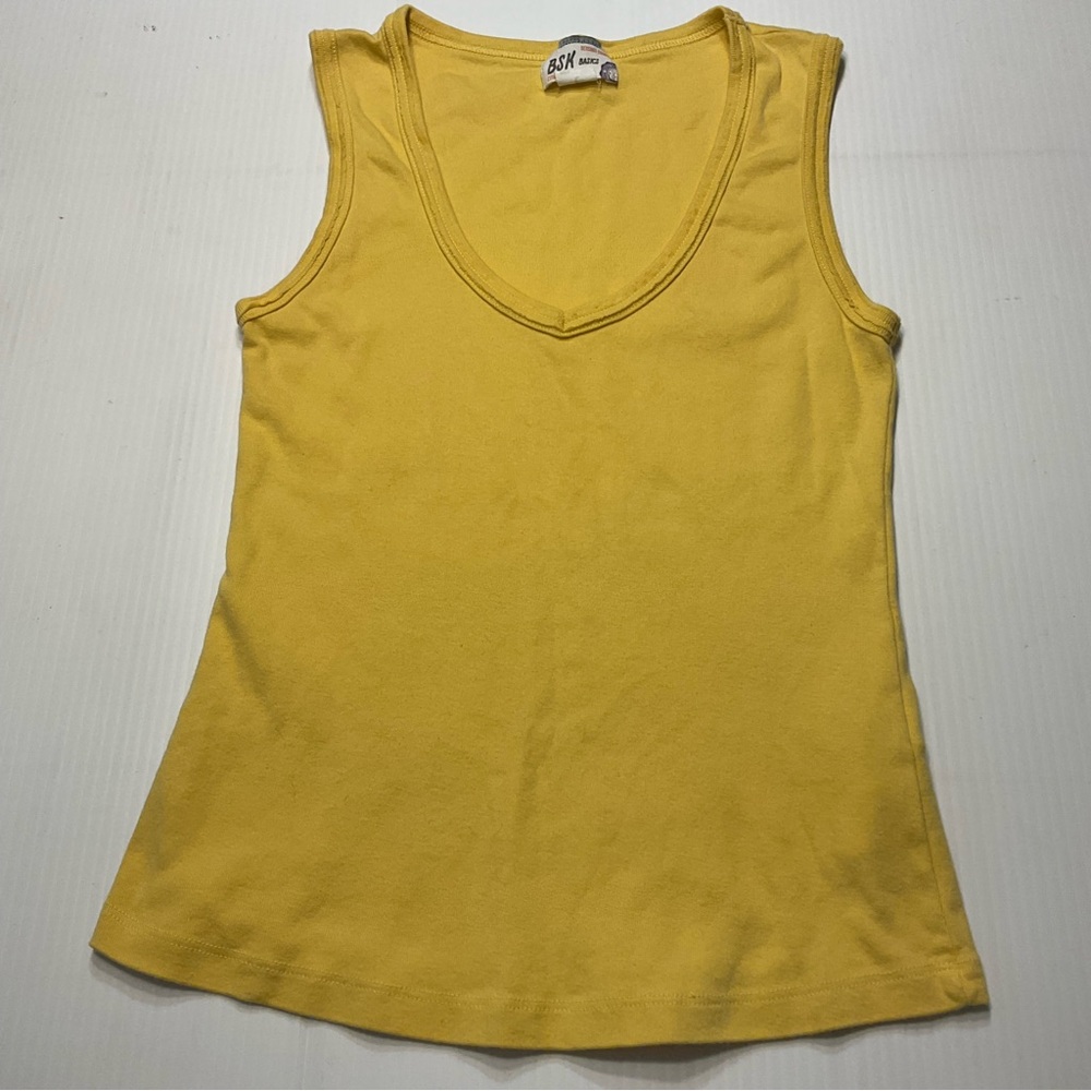 Bershka BSK Women Sz L Yellow Cotton Tank Top Sleeveless Deep V Neck Tight Fit